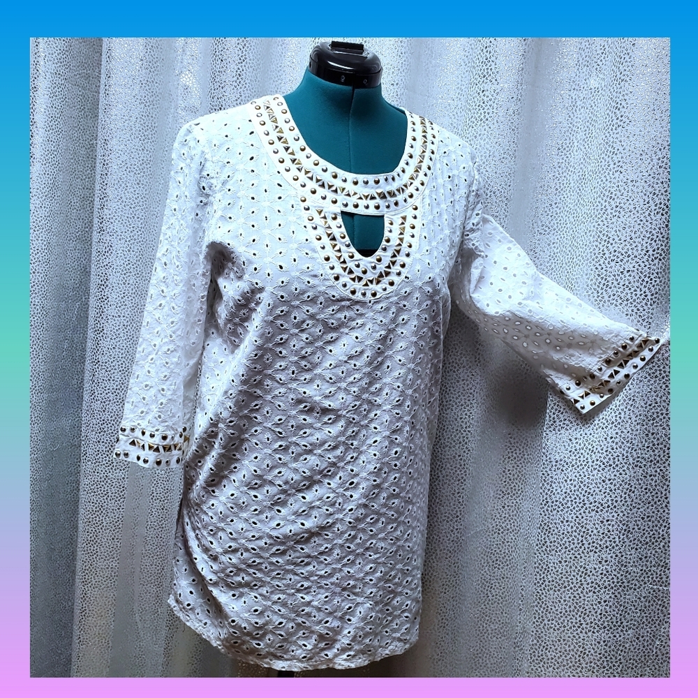 Classic White Eyelet Embroidered Tunic Top with Studded Neckline